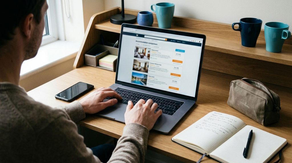 Traveler comparing hotel reviews and property photos on a laptop before booking.