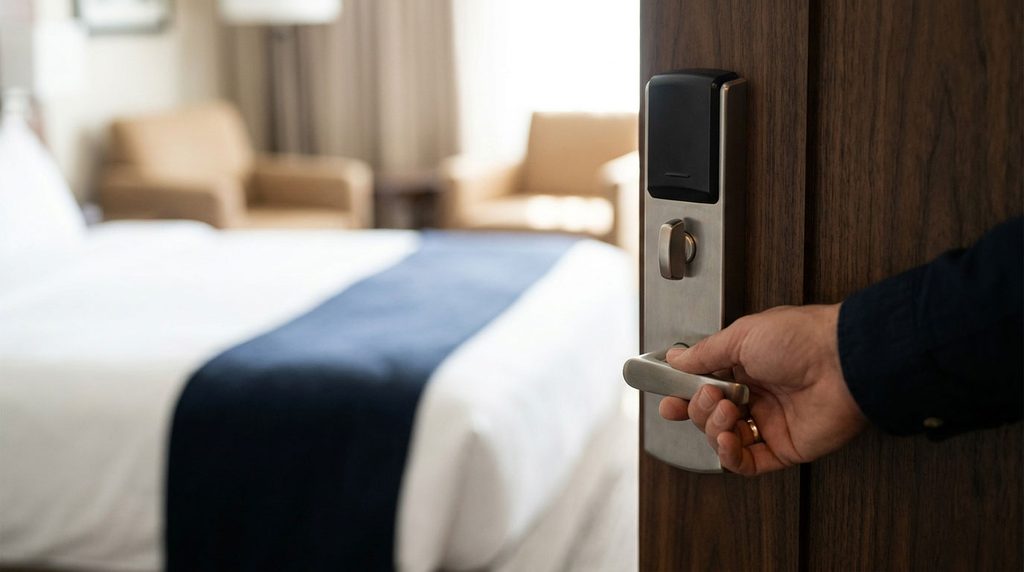 Guest checking the interior deadbolt on a closed hotel room door.