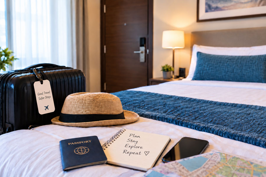Cozy hotel room with a neatly made bed featuring a blue runner and pillow, a black suitcase with a tag reading ‘Good Travel Safer Stays,’ a straw hat, a passport, a smartphone, a map, and an open notebook with the words ‘Plan Stay Explore Repeat’ written on it.