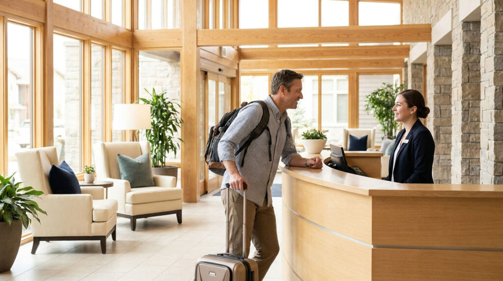Traveler speaking with a receptionist at a bright hotel front desk.